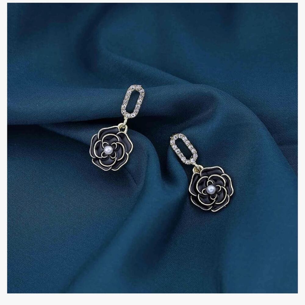 Designer Black Camellia Pearl Dangle Earrings - Picture 5 of 7